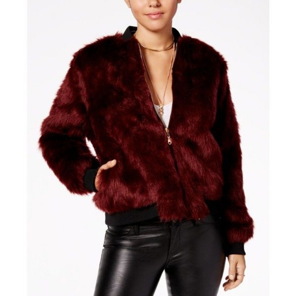 Faux Fur Bomber Jacket - Burgundy